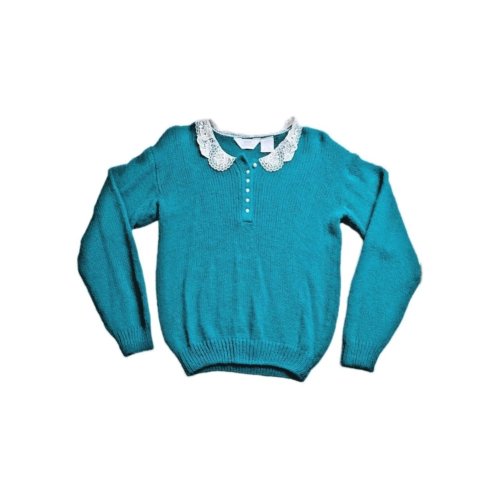 Vtg 1980s Lace Peter Pan Collar Sweater Pearl Buttons Blair Green Size Large